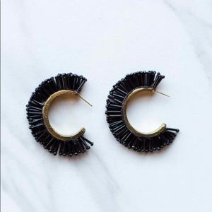 Black Beaded Fringe Hoop Earrings